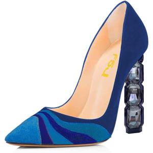 imageFSJ Women Jeweled High Heel Pointed Toe Pump Slip On Sparkling Crystal Bead Heel Sexy Ladies Bridal Evening Shoes Size 415 USBlue Suede Stitching