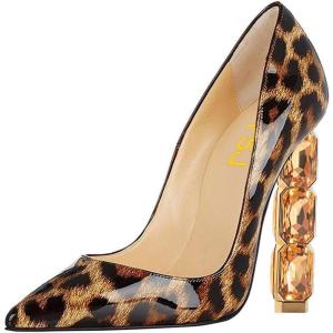 imageFSJ Women Jeweled High Heel Pointed Toe Pump Slip On Sparkling Crystal Bead Heel Sexy Ladies Bridal Evening Shoes Size 415 USLeopard Patent