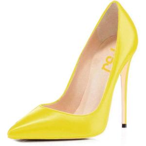 imageFSJ Women Stiletto High Heels Pumps Pointed Toe Slide Formal Party Evening Dress Shoes US Size 415 MYellow Leather