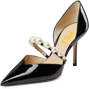 imageFSJ Women Stylish Pointed Toe One Strap with Pearls Sandals Stiletto High Heel Slip On Evening Dress Ladies Shoes Size 415 USBlack
