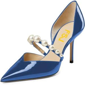 imageFSJ Women Stylish Pointed Toe One Strap with Pearls Sandals Stiletto High Heel Slip On Evening Dress Ladies Shoes Size 415 USBlue