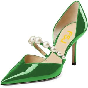 imageFSJ Women Stylish Pointed Toe One Strap with Pearls Sandals Stiletto High Heel Slip On Evening Dress Ladies Shoes Size 415 USEmerald