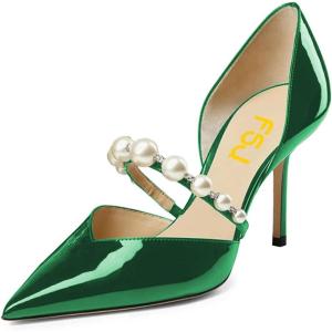 imageFSJ Women Stylish Pointed Toe One Strap with Pearls Sandals Stiletto High Heel Slip On Evening Dress Ladies Shoes Size 415 USGreen