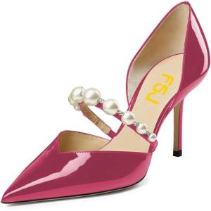 imageFSJ Women Stylish Pointed Toe One Strap with Pearls Sandals Stiletto High Heel Slip On Evening Dress Ladies Shoes Size 415 USMagenta