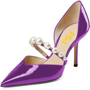 imageFSJ Women Stylish Pointed Toe One Strap with Pearls Sandals Stiletto High Heel Slip On Evening Dress Ladies Shoes Size 415 USPurple