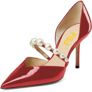 imageFSJ Women Stylish Pointed Toe One Strap with Pearls Sandals Stiletto High Heel Slip On Evening Dress Ladies Shoes Size 415 USRed