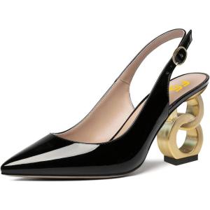 imageFSJ Women Trendy Metallic Gold Chain High Heel Slingback Pumps Pointed Toe Adjustable Buckle Office Lady Party Shoes Size 415 USBlack