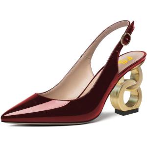 imageFSJ Women Trendy Metallic Gold Chain High Heel Slingback Pumps Pointed Toe Adjustable Buckle Office Lady Party Shoes Size 415 USRed