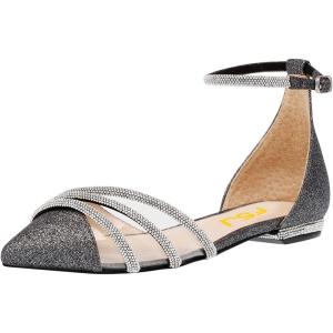 imageFSJ Women Comfy Studded Strap Pointed Toe Sandals Low Heel Ankle Strap Buckle Ladies Casual Walking Flat Shoes Size 415 USBlack