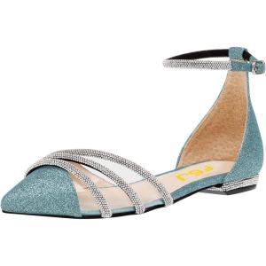 imageFSJ Women Comfy Studded Strap Pointed Toe Sandals Low Heel Ankle Strap Buckle Ladies Casual Walking Flat Shoes Size 415 USCyan