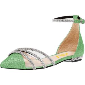 imageFSJ Women Comfy Studded Strap Pointed Toe Sandals Low Heel Ankle Strap Buckle Ladies Casual Walking Flat Shoes Size 415 USGreen