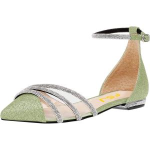 imageFSJ Women Comfy Studded Strap Pointed Toe Sandals Low Heel Ankle Strap Buckle Ladies Casual Walking Flat Shoes Size 415 USLight Green