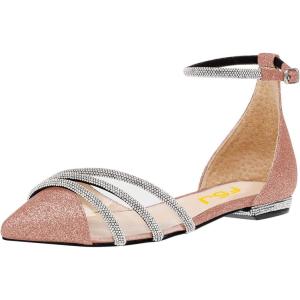 imageFSJ Women Comfy Studded Strap Pointed Toe Sandals Low Heel Ankle Strap Buckle Ladies Casual Walking Flat Shoes Size 415 USPink