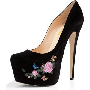 imageFSJ Women Extreme High Stiletto Heels Platform Pumps Slip On Pointed Toe Sexy Dress Shoe US Size 415 MBlack Floral