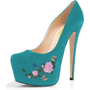 imageFSJ Women Extreme High Stiletto Heels Platform Pumps Slip On Pointed Toe Sexy Dress Shoe US Size 415 MTurquoise Floral
