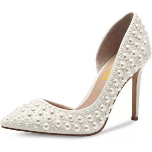 imageFSJ Women Formal Pointed Toe Dress Shoes DOrsay High Heels Sexy Stiletto Formal Pumps Size 415 USWhite Pearls