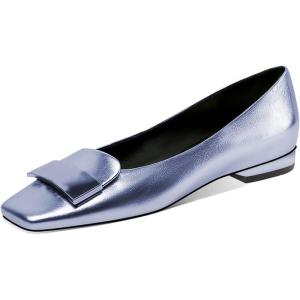 imageFSJ Women Glossy Metal Decoration Square Toe Flats Low Heel Slip On Comfy Vacation Walking Ladies Pumps Shoes Size 415 USCornflower Blue