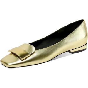 imageFSJ Women Glossy Metal Decoration Square Toe Flats Low Heel Slip On Comfy Vacation Walking Ladies Pumps Shoes Size 415 USGold
