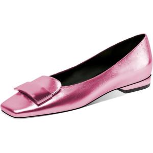 imageFSJ Women Glossy Metal Decoration Square Toe Flats Low Heel Slip On Comfy Vacation Walking Ladies Pumps Shoes Size 415 USPink