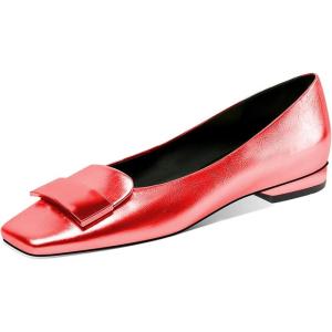 imageFSJ Women Glossy Metal Decoration Square Toe Flats Low Heel Slip On Comfy Vacation Walking Ladies Pumps Shoes Size 415 USRed