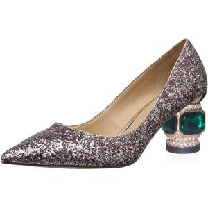 imageFSJ Women Gorgeous Crystal Chunky Low Heel Pump Comfy Slip on Pointed Toe Glitter Dress Party Shoe Size 415 USDark Pink