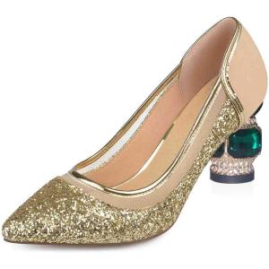 imageFSJ Women Gorgeous Crystal Chunky Low Heel Pump Comfy Slip on Pointed Toe Glitter Dress Party Shoe Size 415 USGold Glitter
