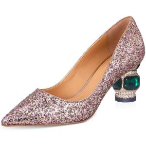 imageFSJ Women Gorgeous Crystal Chunky Low Heel Pump Comfy Slip on Pointed Toe Glitter Dress Party Shoe Size 415 USPink