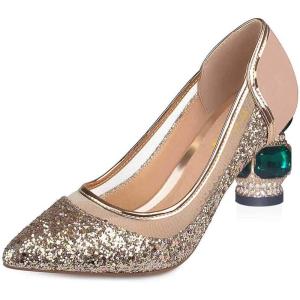imageFSJ Women Gorgeous Crystal Chunky Low Heel Pump Comfy Slip on Pointed Toe Glitter Dress Party Shoe Size 415 USRose Gold