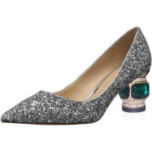 imageFSJ Women Gorgeous Crystal Chunky Low Heel Pump Comfy Slip on Pointed Toe Glitter Dress Party Shoe Size 415 USSilver