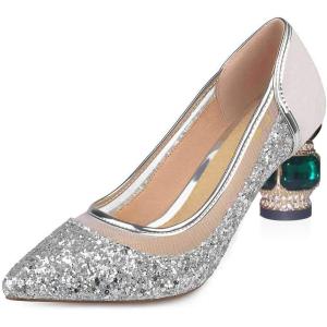 imageFSJ Women Gorgeous Crystal Chunky Low Heel Pump Comfy Slip on Pointed Toe Glitter Dress Party Shoe Size 415 USWhite