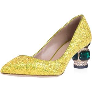imageFSJ Women Gorgeous Crystal Chunky Low Heel Pump Comfy Slip on Pointed Toe Glitter Dress Party Shoe Size 415 USYellow