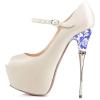 imageFSJ Women Sexy Peep Toe Sky High Heels Platform Pumps Ankle Straps Marry Jane Shoes with Metal Stilettos Size 415 USBeige Pu