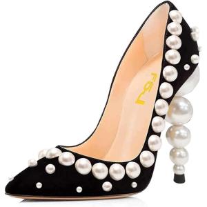 imageFSJ Slip On Pearls Beaded High Heels Slip On Pumps Pointed Toe Mirror Effect Shiny Party Dress Club Shoes for Women Pearls 415 USBlackpearls