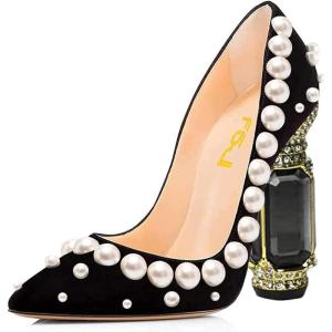 imageFSJ Women Bridal Pointed Toe Chunky Block High Heel Crystal Pumps Slip on Wedding Thick Comfort Evening Dress Shoes Size 415 USBlack Pearls