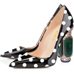 imageFSJ Women Bridal Pointed Toe Chunky Block High Heel Crystal Pumps Slip on Wedding Thick Comfort Evening Dress Shoes Size 415 USBlack Polka Dots