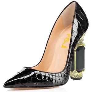 imageFSJ Women Bridal Pointed Toe Chunky Block High Heel Crystal Pumps Slip on Wedding Thick Comfort Evening Dress Shoes Size 415 USBlack Snake Print