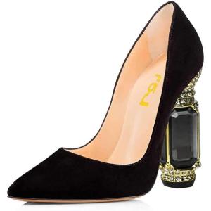 imageFSJ Women Bridal Pointed Toe Chunky Block High Heel Crystal Pumps Slip on Wedding Thick Comfort Evening Dress Shoes Size 415 USBlack Suede