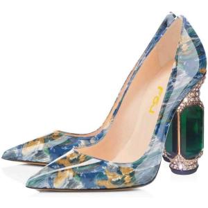 imageFSJ Women Bridal Pointed Toe Chunky Block High Heel Crystal Pumps Slip on Wedding Thick Comfort Evening Dress Shoes Size 415 USBlue Printing