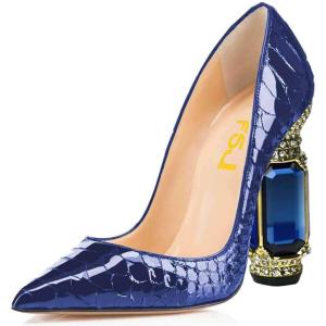 imageFSJ Women Bridal Pointed Toe Chunky Block High Heel Crystal Pumps Slip on Wedding Thick Comfort Evening Dress Shoes Size 415 USBlue Snake Print