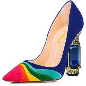 imageFSJ Women Bridal Pointed Toe Chunky Block High Heel Crystal Pumps Slip on Wedding Thick Comfort Evening Dress Shoes Size 415 USBluecolorful