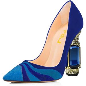 imageFSJ Women Bridal Pointed Toe Chunky Block High Heel Crystal Pumps Slip on Wedding Thick Comfort Evening Dress Shoes Size 415 USBluerainbow