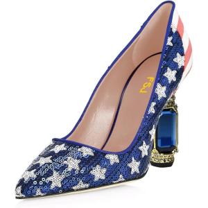 imageFSJ Women Bridal Pointed Toe Chunky Block High Heel Crystal Pumps Slip on Wedding Thick Comfort Evening Dress Shoes Size 415 USFlag