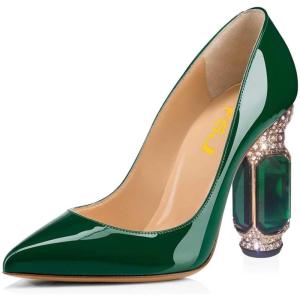 imageFSJ Women Bridal Pointed Toe Chunky Block High Heel Crystal Pumps Slip on Wedding Thick Comfort Evening Dress Shoes Size 415 USForest Green