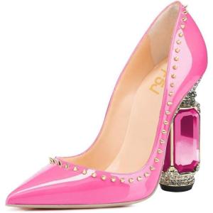 imageFSJ Women Bridal Pointed Toe Chunky Block High Heel Crystal Pumps Slip on Wedding Thick Comfort Evening Dress Shoes Size 415 USPink Crystal Heel