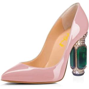 imageFSJ Women Bridal Pointed Toe Chunky Block High Heel Crystal Pumps Slip on Wedding Thick Comfort Evening Dress Shoes Size 415 USPink Patent