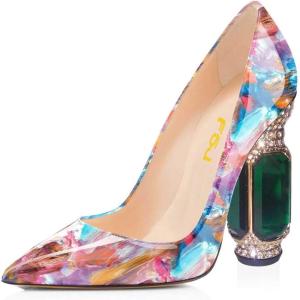 imageFSJ Women Bridal Pointed Toe Chunky Block High Heel Crystal Pumps Slip on Wedding Thick Comfort Evening Dress Shoes Size 415 USPurple Floral