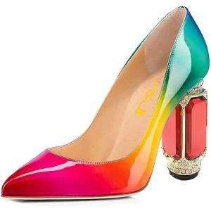 imageFSJ Women Bridal Pointed Toe Chunky Block High Heel Crystal Pumps Slip on Wedding Thick Comfort Evening Dress Shoes Size 415 USRainbow