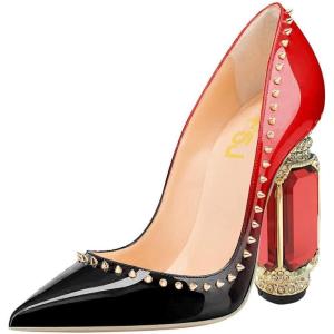 imageFSJ Women Bridal Pointed Toe Chunky Block High Heel Crystal Pumps Slip on Wedding Thick Comfort Evening Dress Shoes Size 415 USRed Gradient