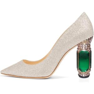 imageFSJ Women Bridal Pointed Toe Chunky Block High Heel Crystal Pumps Slip on Wedding Thick Comfort Evening Dress Shoes Size 415 USSilver Glitter