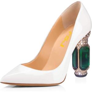 imageFSJ Women Bridal Pointed Toe Chunky Block High Heel Crystal Pumps Slip on Wedding Thick Comfort Evening Dress Shoes Size 415 USWhite